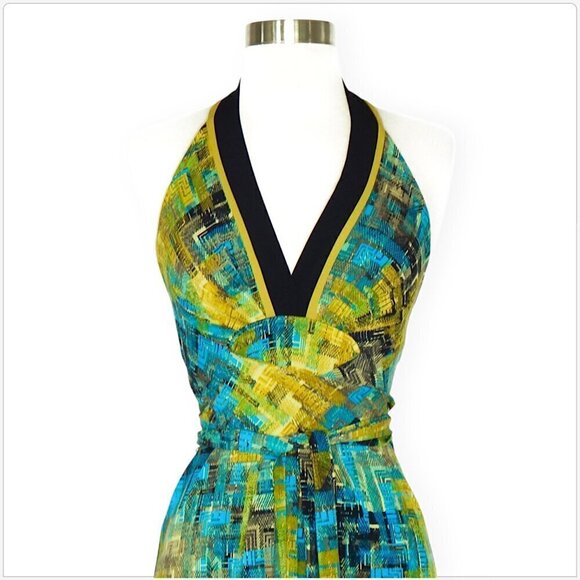 BCBGMaxazria Green Blue Black Print Stretch Jersey Halter Tie Belt Dress XS - Picture 2 of 4